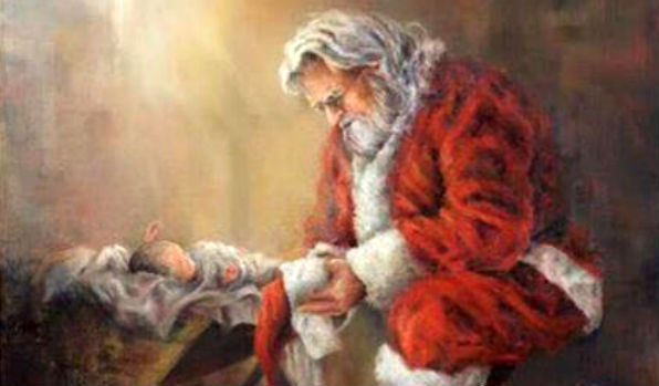 Santa Claus kneeling before Baby Jesus