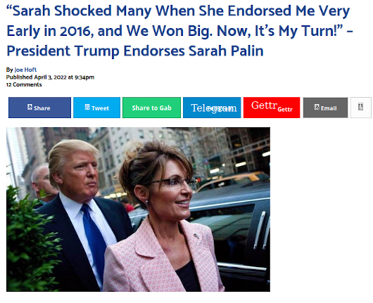 "Sarah Shocked Many When She Endorsed Me Very Early in 2016, and We Won Big. Now It's My Turn!" President Trump Endorses Sarah Palin